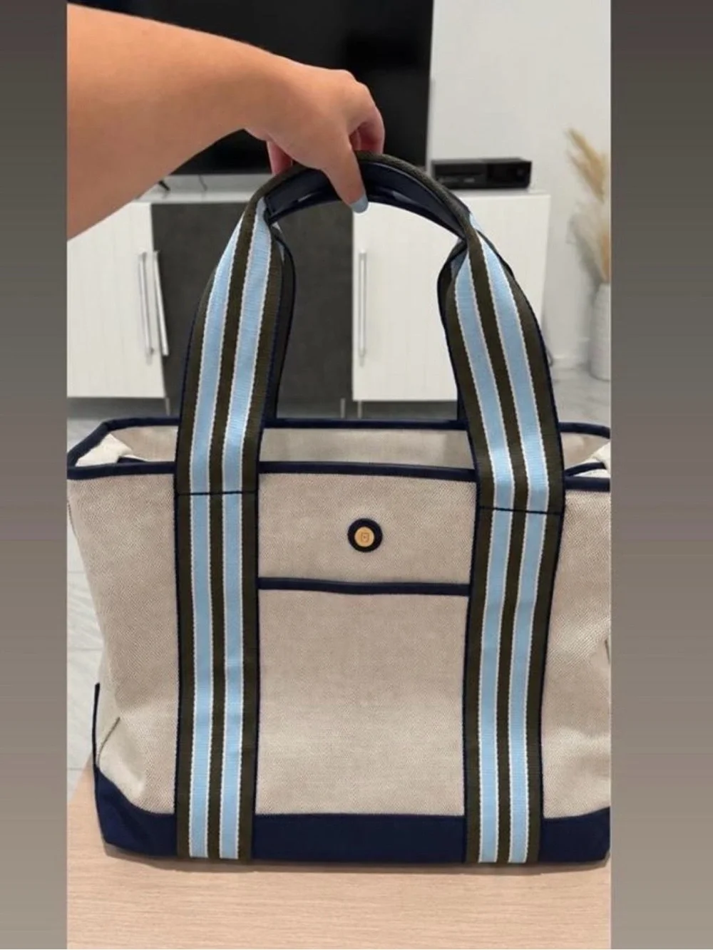 Canvas Tote Bag with Blue Stripe Handles - Unbranded